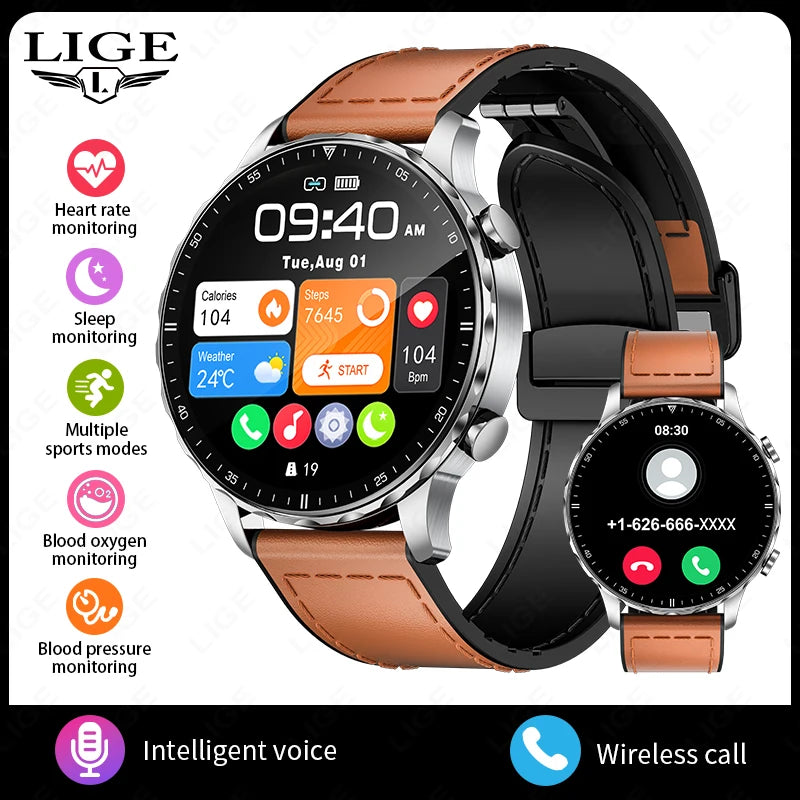 New Magnetic Leather Strap Smartwatch Men Health Monitor Man Watches Bluetooth Calling Sports Smart Watch for Android Ios