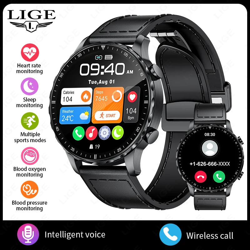 New Magnetic Leather Strap Smartwatch Men Health Monitor Man Watches Bluetooth Calling Sports Smart Watch for Android Ios